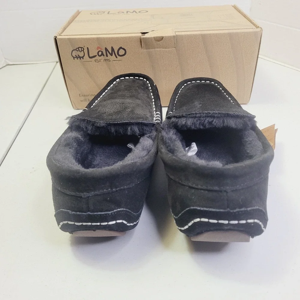 Lamo Men's Moccasin Slippers Size 11 Black Suede Faux Fur Lined House Shoes